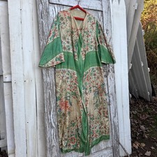 Antique 1920s Pongee Silk Robe Coat Jacket Green Florals & Birds Lounge Vintage picture