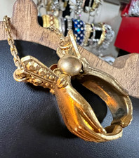 Victorian Antique Glove Holder Clip w/ Chain Faux Pearl 14k Gold plated picture