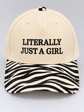 Literally Just a Girl Zebra Print Baseball Cap Cream Black Adjustable Hat picture