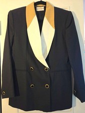 Vintage Black Women's Double Breasted Blazer  Tan And White Linen Look Collar 4 picture