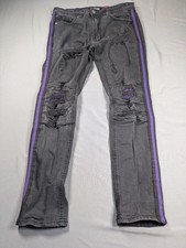 Makobi Jeans Mens 34x32 Charcoal Distressed Skinny Stacked Purple Logo Tape picture