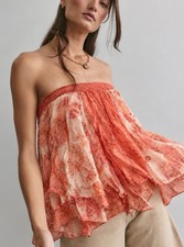 NWT Free People Cleo Mixed Print Tube Top L Peach Combi Boho Strapless $128 picture