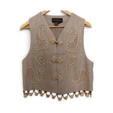 Vintage Andrea Jovine Linen Vest Shorts Set Tan Embroidered Beaded Womens L picture