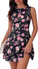 NWT NEW Women's Pretty Garden Sleeveless Black Floral A Line Mini Dress Medium picture