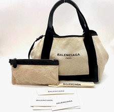 Auth Balenciaga Navy Cabas Canvas Leather Beige Black Tote bag picture