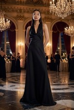 NWT BCBGMAXAZRIA Demi V Neck Halter Satin Gown Black Dress Formal $398 Sz. 10 picture