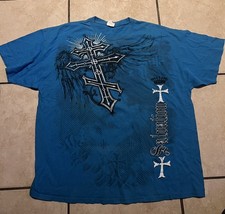 Vintage Y2K Salvation Gothic Winged Cross Crown Blue T-Shirt Size 2XL Men picture