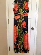 Fabulous Vintage 1970s Tropical Print Maxi Dress M Orange Green picture