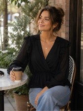 Simply Vera Vera Wang XXL Black Sheer Ruffle Long Sleeve Wrap Blouse NWT picture