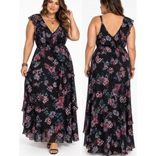 Lane Bryant Maxi dress 26 black floral print v-neck tiered bottom resort event picture