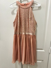 Women’s Pink Sequin Halter Sleeveless Fit & Flare Short Dress Zip Size S picture