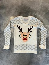With Love Derek Womens M Cream Reindeer Christmas Sweater Snowflake Sequin picture