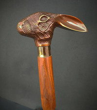 Vintage Rabbit Head Brass Walking Cane | 3-Fold Spiral Wooden Stick picture