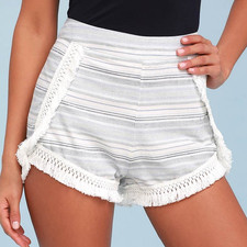 Lulus Savvy Shorts Medium Womens Blue Striped Fringe Woven Cotton Coastal Beach picture