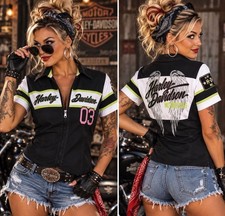 Harley Davidson Women’s 03 Racing Shirt Black White Lime Pink Zip Front 23” picture