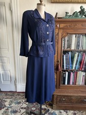 Vintage 1940s Navy Blue Faux Suit Dress Embroidered Studded Peplum Belt M 33W picture