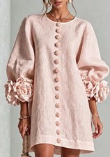 Women's Pink Shift Mini Dress Round Neck Puff Sleeve Button Front 3D Flower L picture
