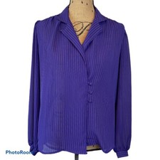 Vintage Notations Blouse M Purple White Sheer Pinstripe Camp Collar Draped Top picture