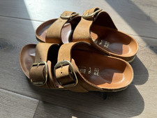 Birkenstock Women’s Brown Leather 2-Strap Adjustable Buckle Slide Sandals EU 39 picture