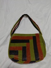 Vintage 1970s Velvet Patchwork Handbag Art Deco Geometric Brown Orange Olive picture