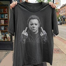 Michael Myers Middle Finger T-Shirt, Funny Halloween Slasher Graphic Tee picture