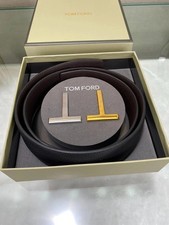 TOM FORD Reversible Black/Brown Leather T Logo Belt Men’s new. picture