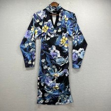Marciano Guess Floral Mini Dress Women 42 Black Blue Ruched High Neck Cocktail picture