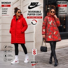 Title: Nike Reversible Puffer Coat Jacket Red Chain Print Hooded Size S picture