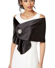 Adrianna Papell Charmeuse Coverup Wrap Black Medium Satin Cape Brooch NWT picture