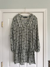 Zara Green Print Tiered Mini Dress Womens L Long Sleeve V Neck Lace Trim Boho picture