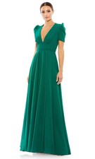 Ieena Mac Duggal Emerald Green V-Neck Puff Sleeve Chiffon Dress Size 16 $398 picture
