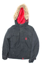 Spyder Boys Faux Fur Trim Hooded Zip Up Mid Length Puffer Coat Black Size L picture