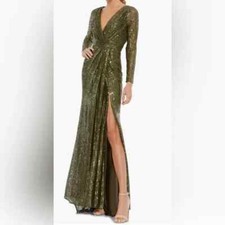 Ieena Mac Duggal Olive Green Long Sleeve Sequin Faux Wrap Side Slit Gown 10 $398 picture
