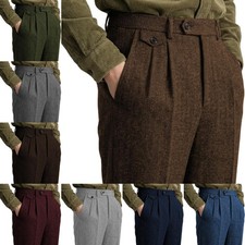 Mens Tweed Suit Pants Slacks Vintage Retro Adjustable Herringbone Waist Trousers picture
