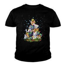 New Rare Cat Lighting Xmas Tree Black Cotton S to 5XL Shirt picture