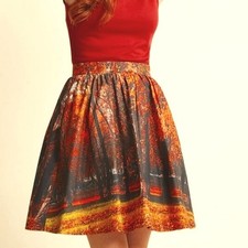 Modcloth Fervour Autumn Leaves Forest Fall Landscape Art Teacher Skirt Size XL picture
