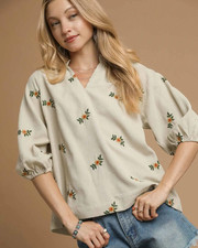 Umgee Women's Embroidered Corduroy V-Neck 3/4 Sleeve Top in Cream Size S picture