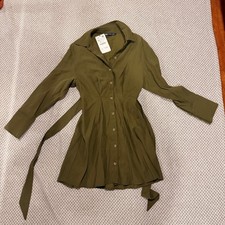 Zara Olive Green Mini Shirt Dress Long Sleeve Tie Waist Button Down XS NWT picture