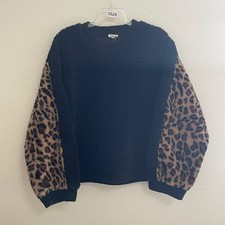 POL Sherpa Leopard Print Sleeve Side zippers  Sweater M Mob Wife Boho Oversized picture