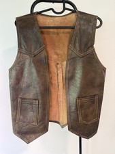 Vintage 70s Brown Leather Western Vest Patch Pockets XS S 16.5 Pit To Pit Cowboy picture