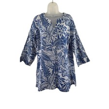 KikiSol Tunic Top Womens XL Blue White Leaf Print 100% Cotton Boho Tropical NWT picture