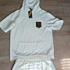 TONY MNNA Men’s White Cotton 2-Piece Hoodie & Shorts Set XL Pockets picture