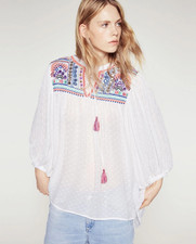 ZARA White Embroidered Embellished Boho Tunic Semi Sheer Plumetis Blouse Sz S picture