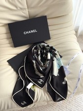 CHANEL Camellia CC Logo Silk Scarf Black White Blue Square Shawl picture