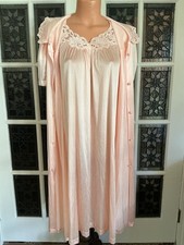 Vintage Vanity Fair Silky Nylon Pink Satin Button-Front Robe Nightgown Set Sz.S picture