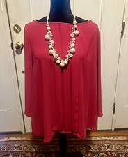 Ann Taylor LOFT Red Pleated Boat Neck 3/4 Sleeve Pullover Blouse Size L picture