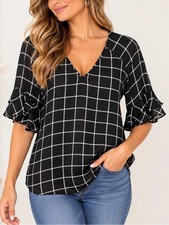 Worthington Women’s XL Black White Windowpane Plaid Ruffle Sleeve Blouse picture