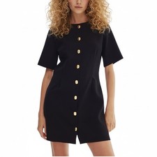 H&M Black Short Sleeve Gold Button Front Mini Dress Medium O/N 368209 picture