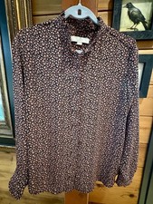LOFT Women's Black Pink White Floral Collared Long Sleeve Button-Front Blouse M picture
