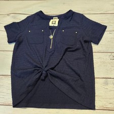 Anne Klein Navy Textured Short Sleeve Top with Front Zipper Knot Detail Lg NWT picture